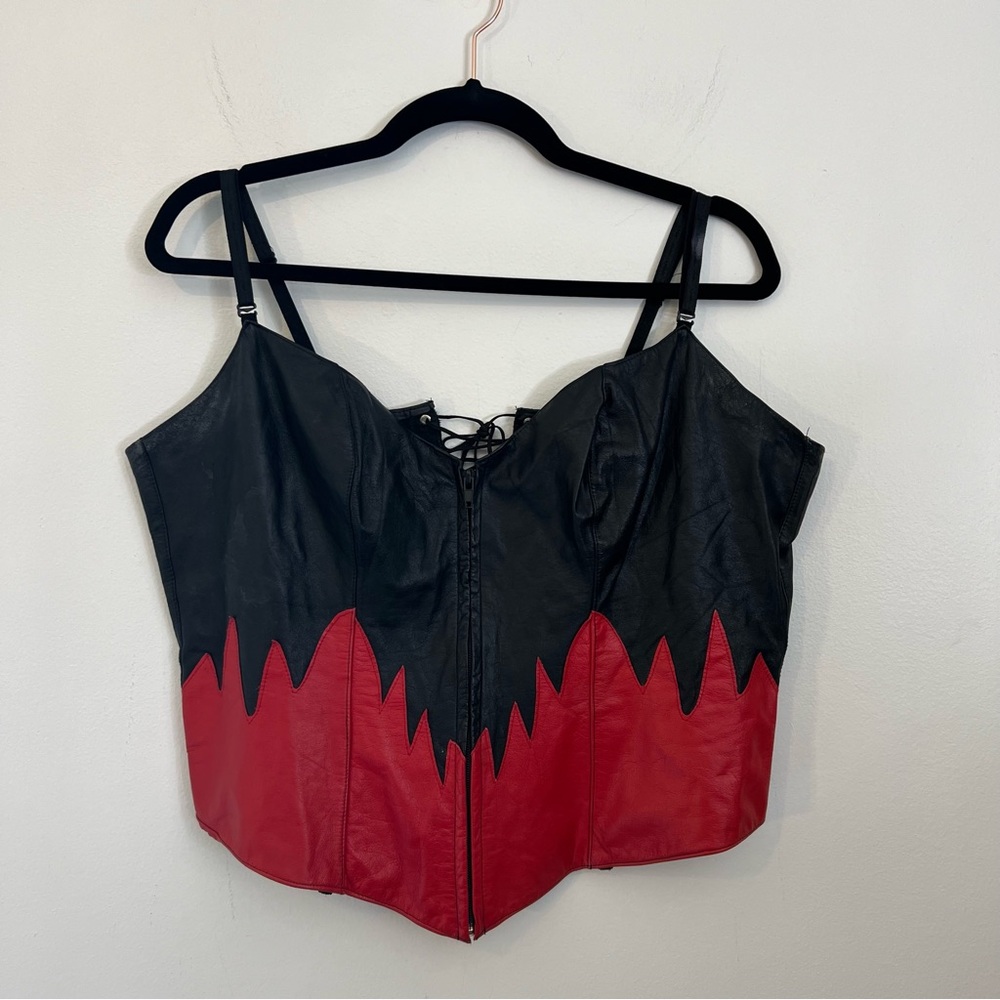 DTO Leather of New York Vintage Black and Red Leather Corset with Flames size L